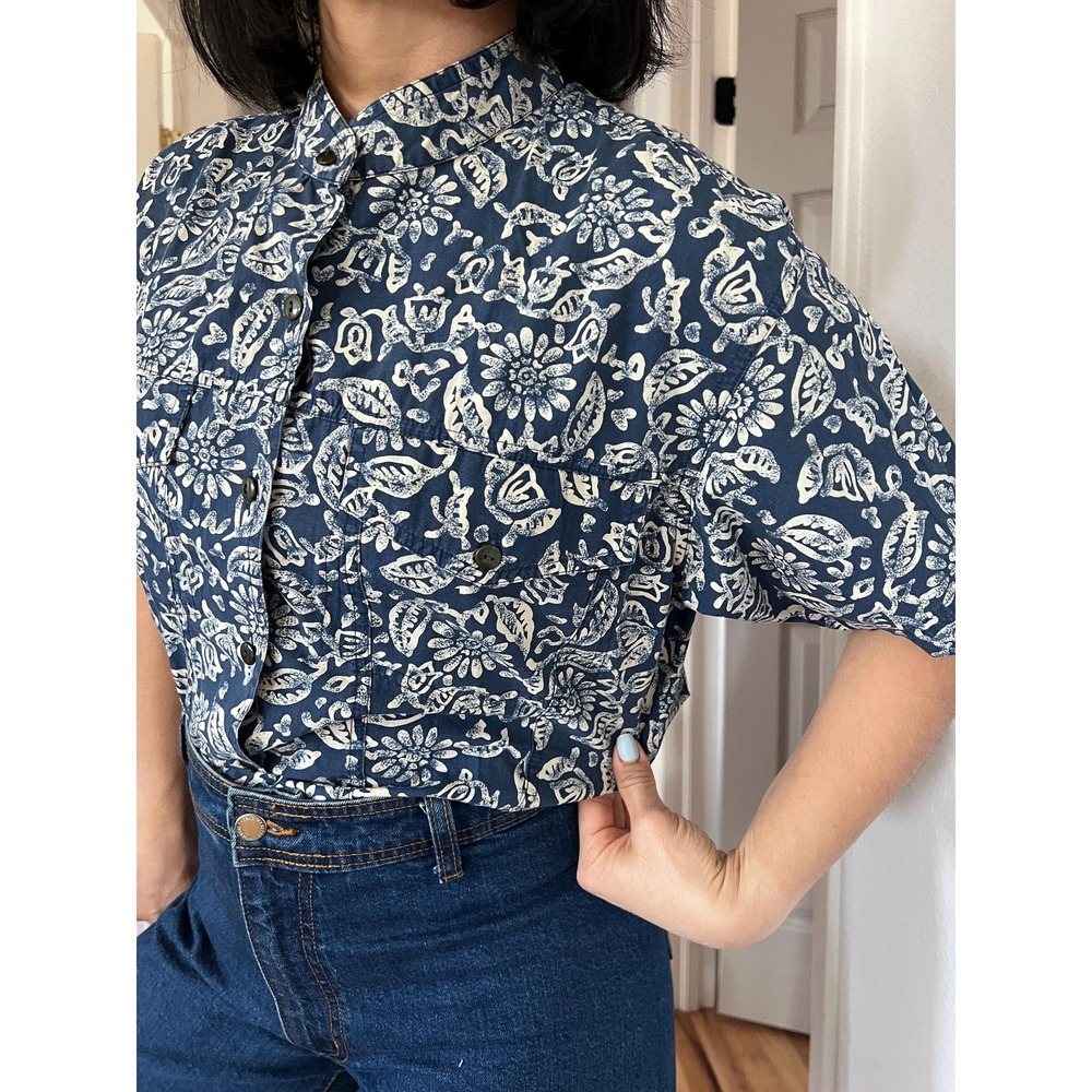 vintage 90s blue floral short sleeve‎ button down cotton shirt Petite small - Picture 8 of 12